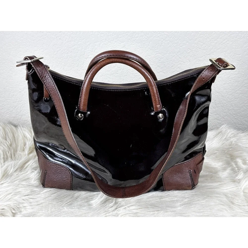 Kate Spade Patent Leather Satchel Black‎ Brown Trim Gold Tote Designer Chic Bag